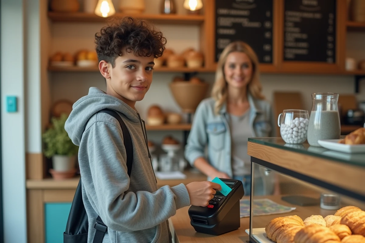 Adolescent payant avec une carte prépayée Pixpay dans une boulangerie française