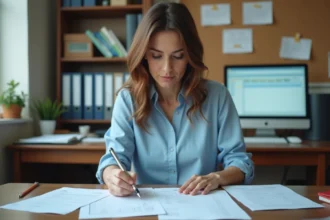 AESH assise à son bureau en train de calculer son salaire sur une fiche de paie imprimée