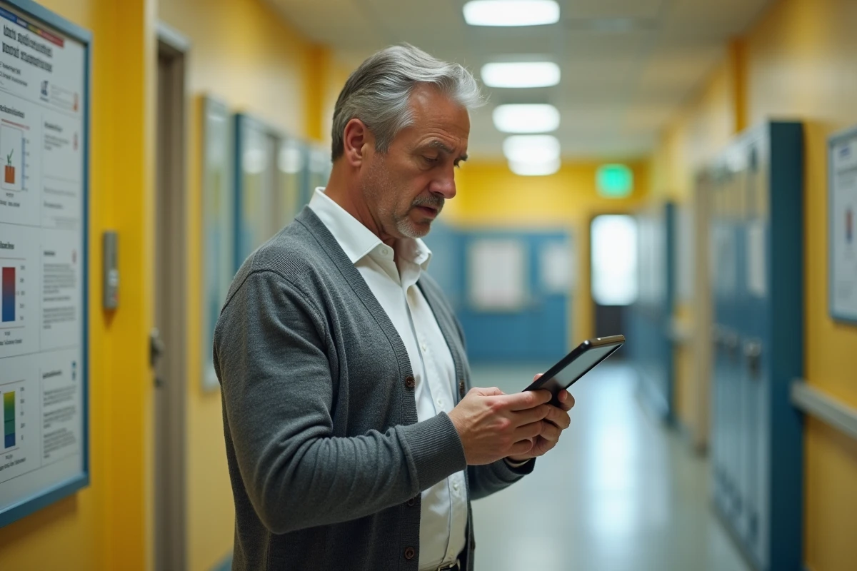 AESH masculin consultant une simulation de salaire sur tablette dans un couloir scolaire