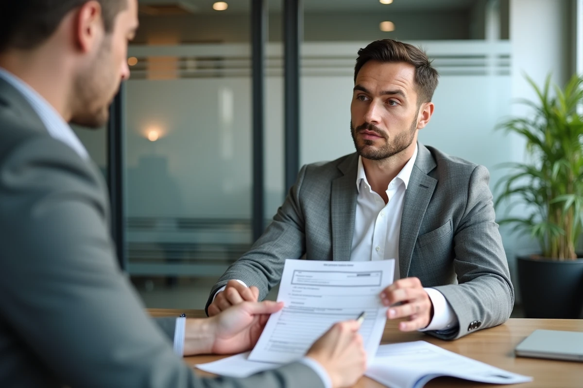 Agent d'assurance expliquant les délais de déclaration de sinistre à un client dans une agence