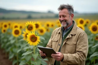 Agriculteur de la région Midi-Pyrénées consultant les services financiers du Crédit Agricole sur tablette dans un champ de tournesols