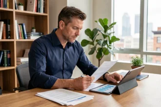 Homme analysant des documents financiers et graphiques liés aux SCPI sur une tablette dans un bureau moderne