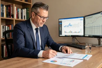 Homme en costume analysant des documents financiers sur une SCPI à son bureau à domicile