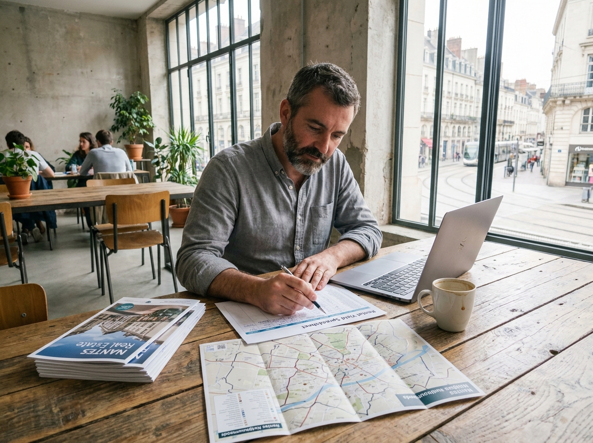 Investisseur immobilier analysant une carte du marché locatif nantais et des rendements sur une table de travail