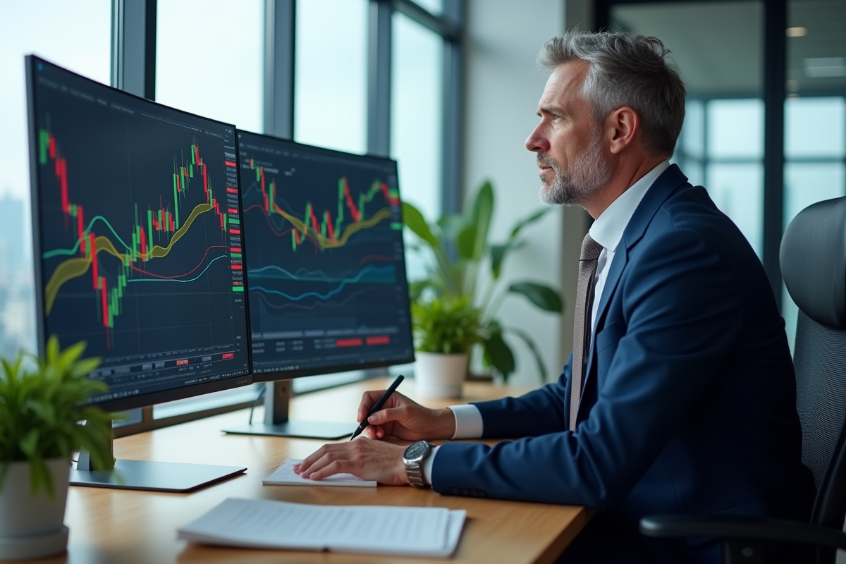 Analyste financier en costume regardant des graphiques