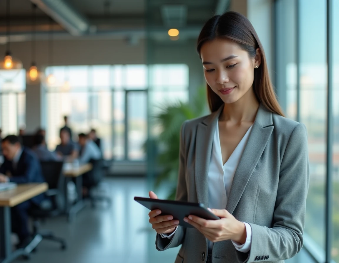 Analyste financière debout dans un bureau moderne consultant une stratégie double bottom sur tablette
