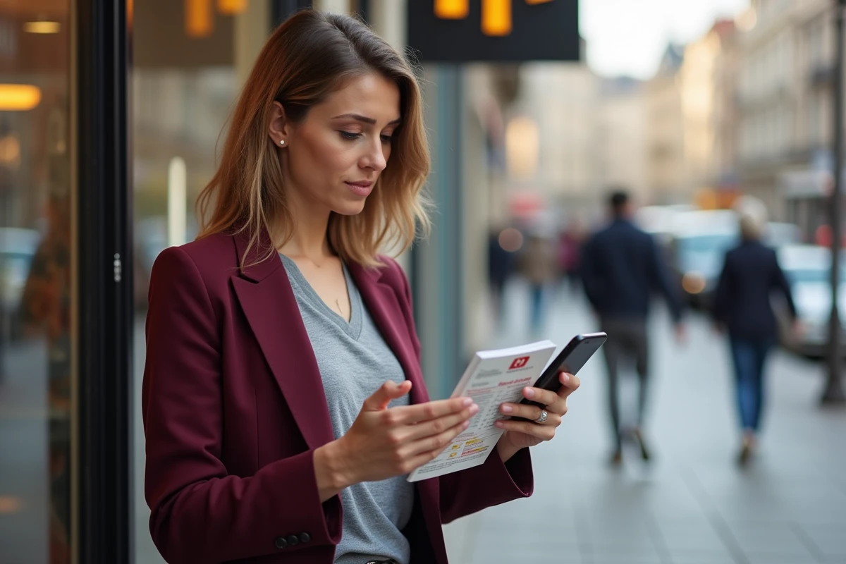 Femme consultant l'application ANCV Connect et ses Chèques Vacances devant l'entrée d'un McDonald's en ville