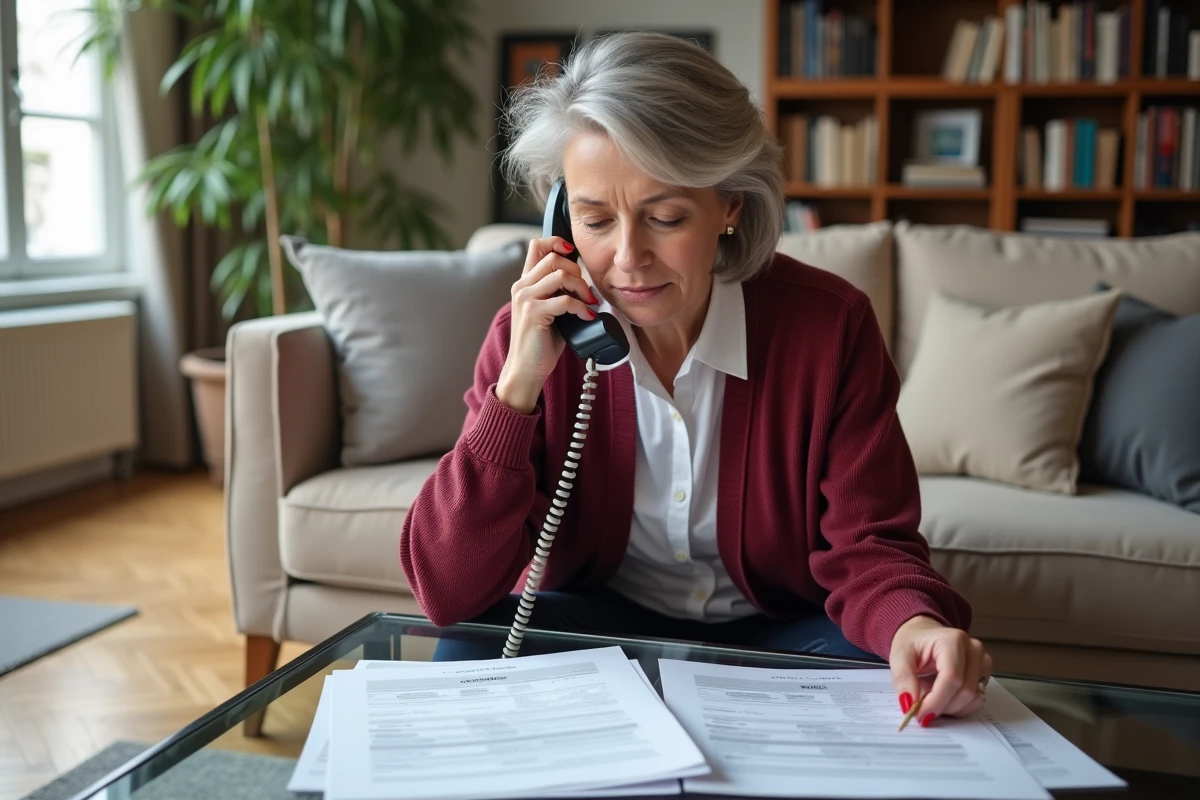 Femme contactant son assurance ACM IARD par téléphone pour déclarer un sinistre depuis son salon