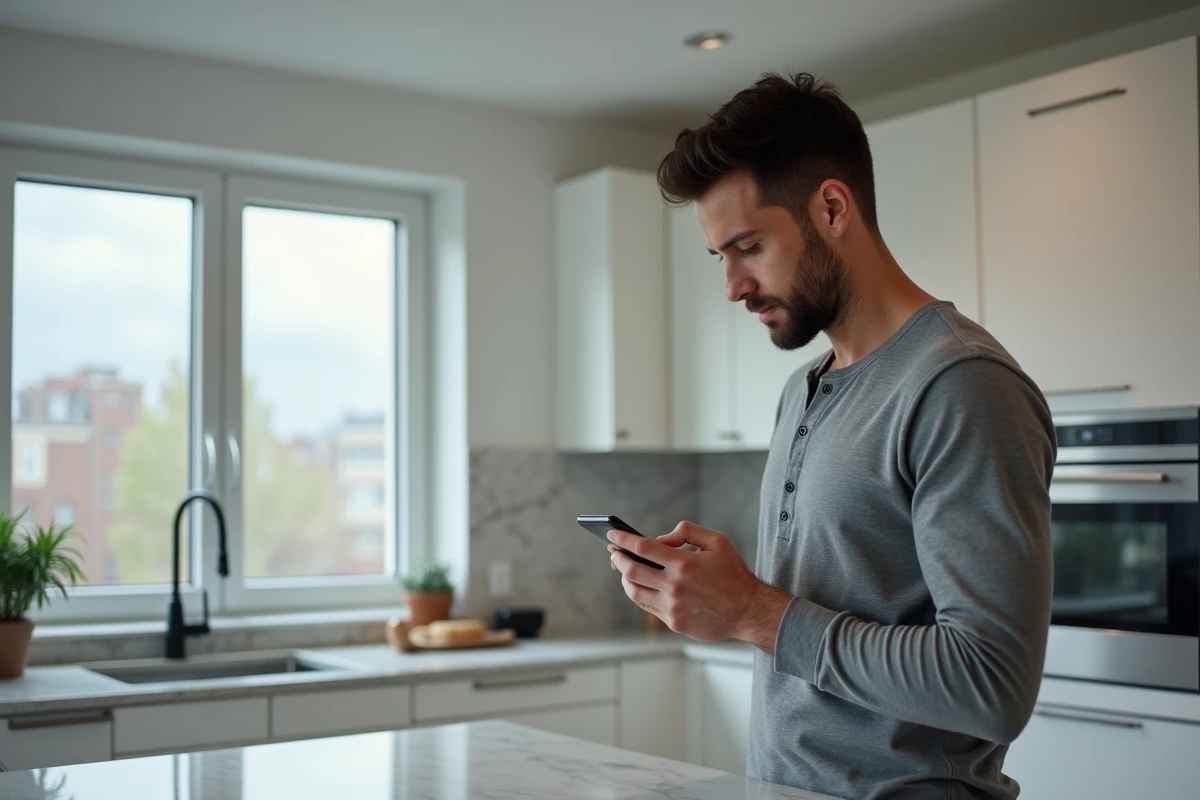 Homme consultant son application bancaire à distance sur smartphone dans une cuisine moderne