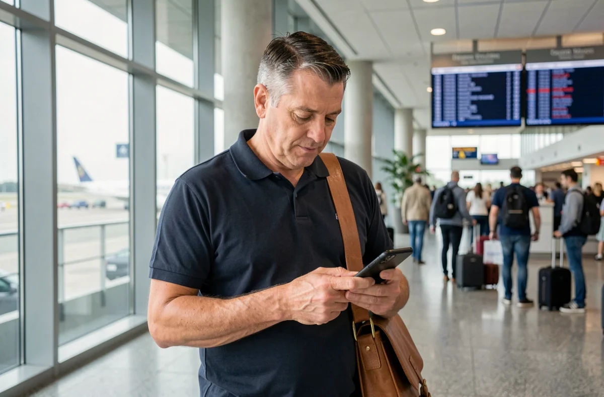 Homme consultant une assurance voyage pas chère sur son smartphone dans un terminal d'aéroport avant son départ