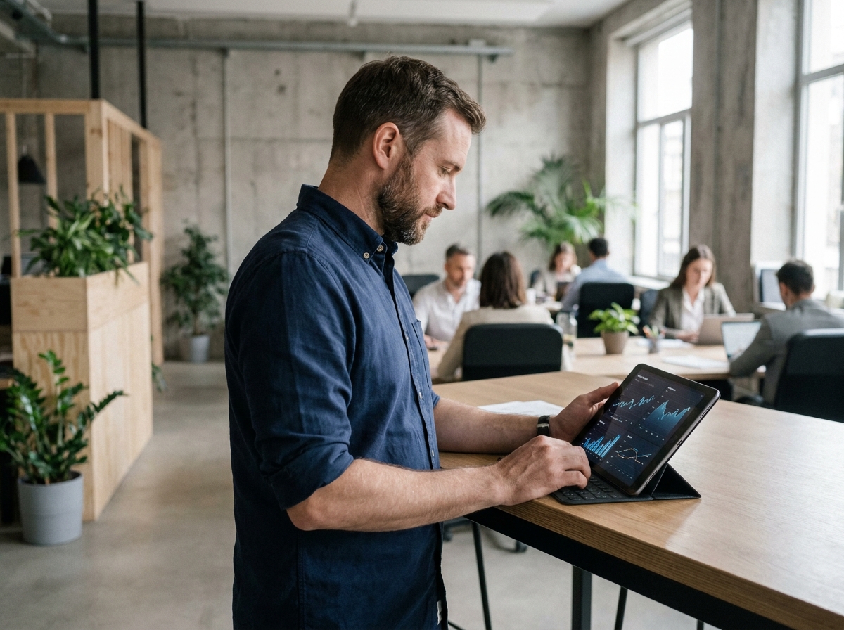 Auto-entrepreneur consultant ses outils de gestion financière sur tablette dans un espace de coworking moderne