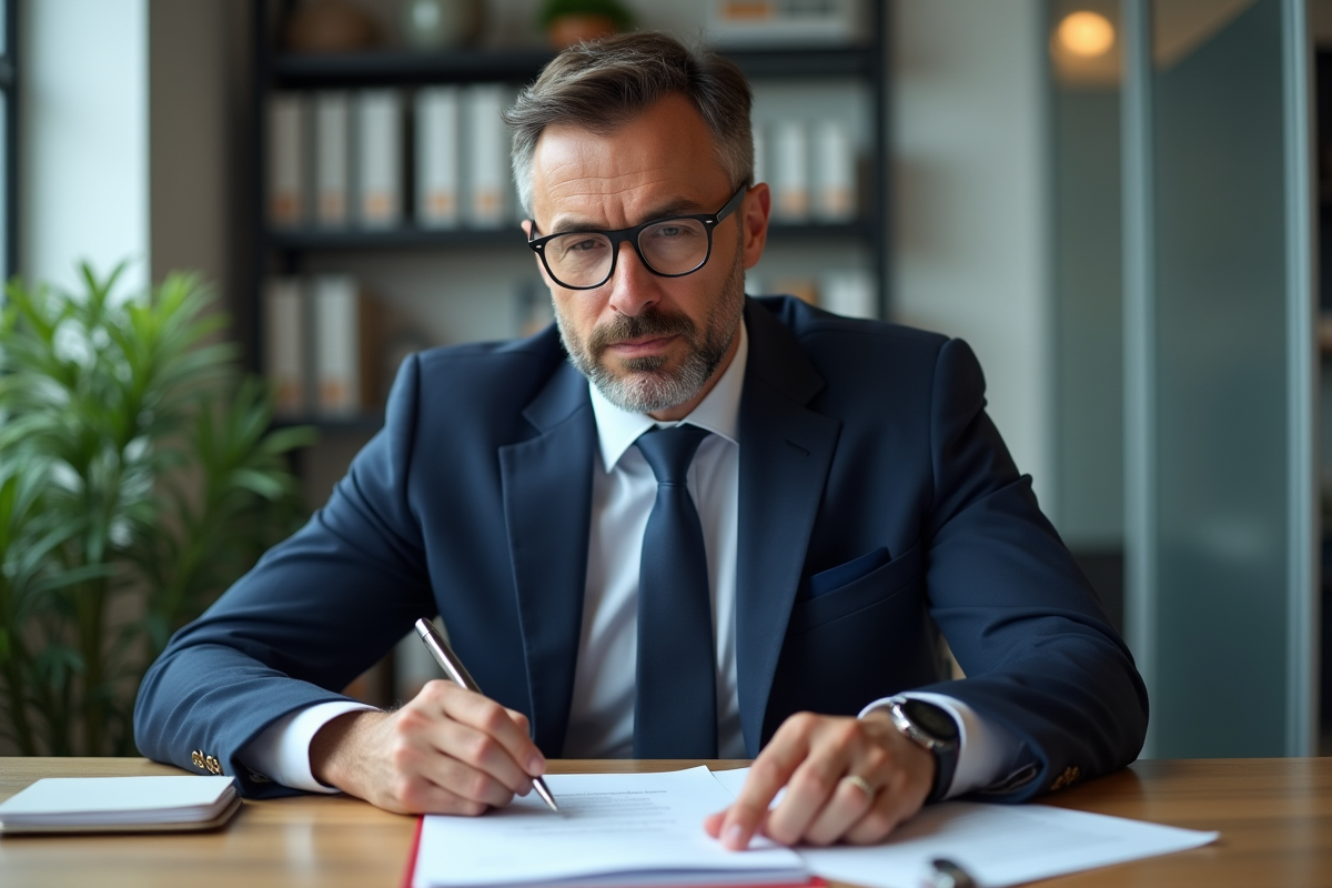 Banquier homme en costume navy examine un dossier de prêt