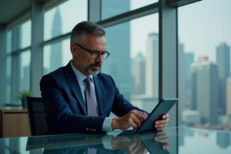 Banquier homme en costume navy dans un bureau moderne