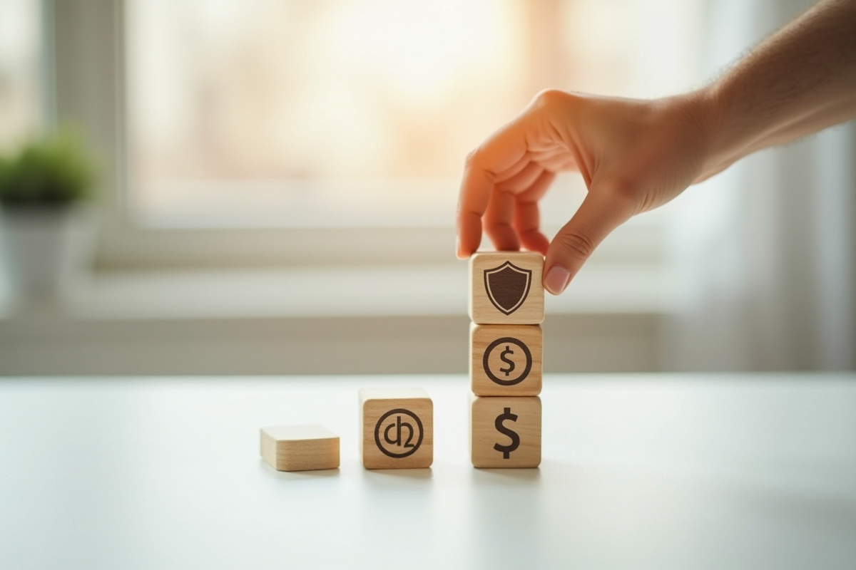 Main posant un bloc avec un bouclier sur une pile de symboles financiers