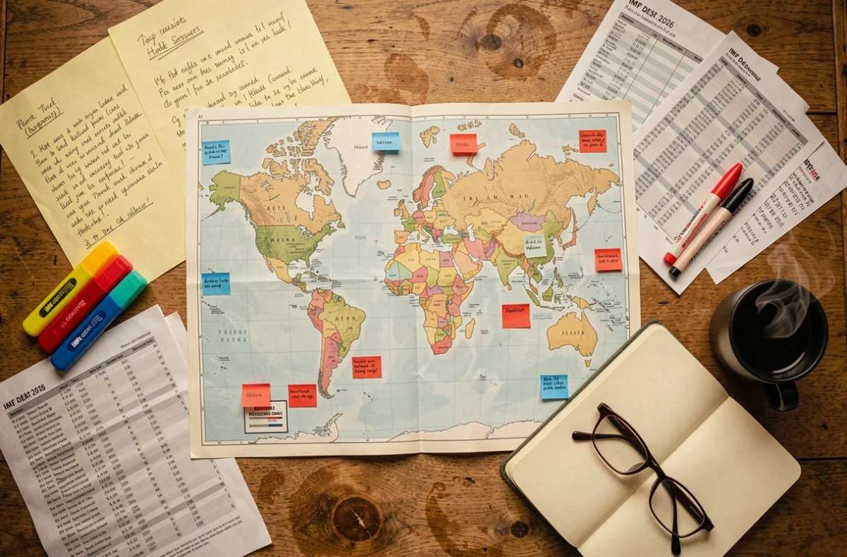 Vue aérienne d'un bureau avec atlas mondial annoté et statistiques de dette nationale 2026