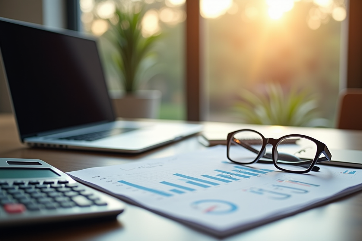 Espace de travail avec ordinateur et graphiques financiers