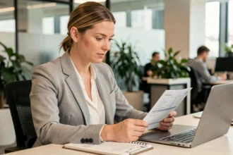 Femme cadre calculant son salaire net à partir d'une fiche de paie de 2480 euros brut dans un bureau moderne