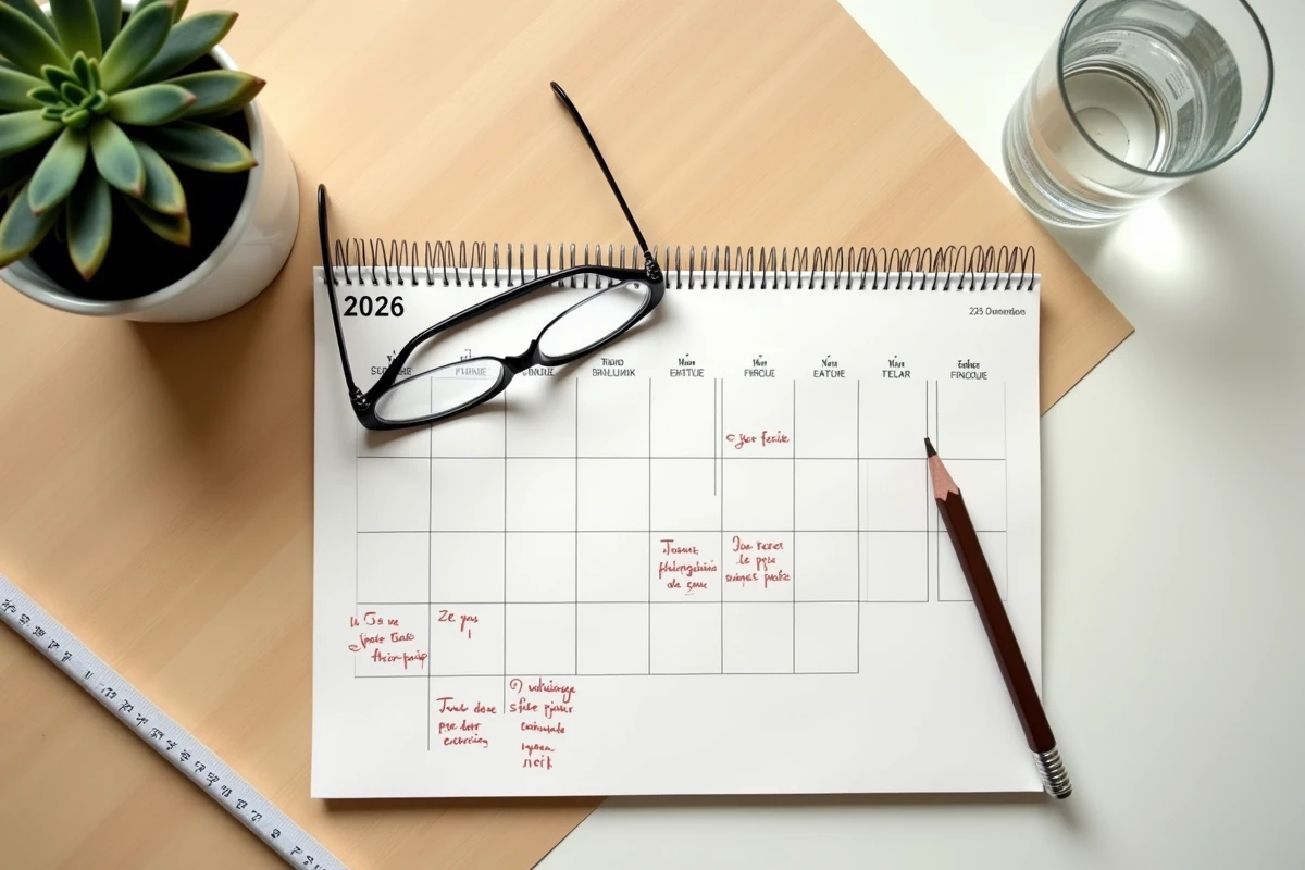 Vue aérienne d'un calendrier 2026 annoté avec les jours fériés et les dates de paie pour les enseignants