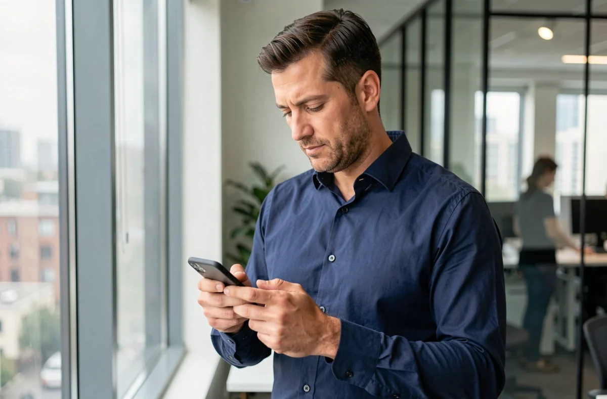 Homme en open space utilisant l'application mobile Carpimko pour accéder à son compte professionnel en sécurité