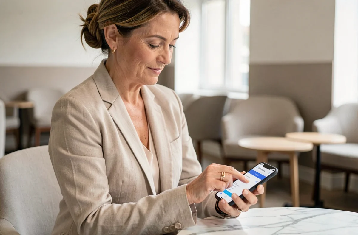 Femme senior consultant son compte Carpimko sur mobile dans un espace public moderne et sécurisé