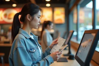 Jeune femme utilisant un Chèque Vacances ANCV au comptoir d'un McDonald's pour régler sa commande