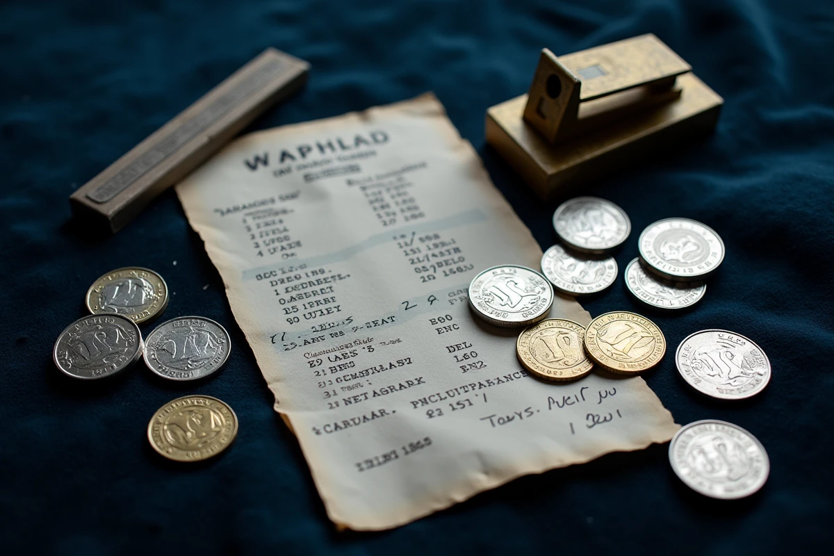 Plusieurs pièces de 50 Francs 1977 en argent disposées sur velours marine avec liste de prix annotée et balance postale, préparation de vente particulière