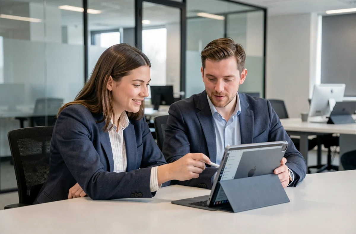 Deux collègues collaborant sur une tablette au bureau, illustrant les bonnes pratiques d'utilisation des appareils mobiles en entreprise