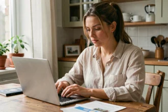 Femme comparant des assurances voyage pas chères sur son ordinateur portable à la maison avec son passeport posé sur la table