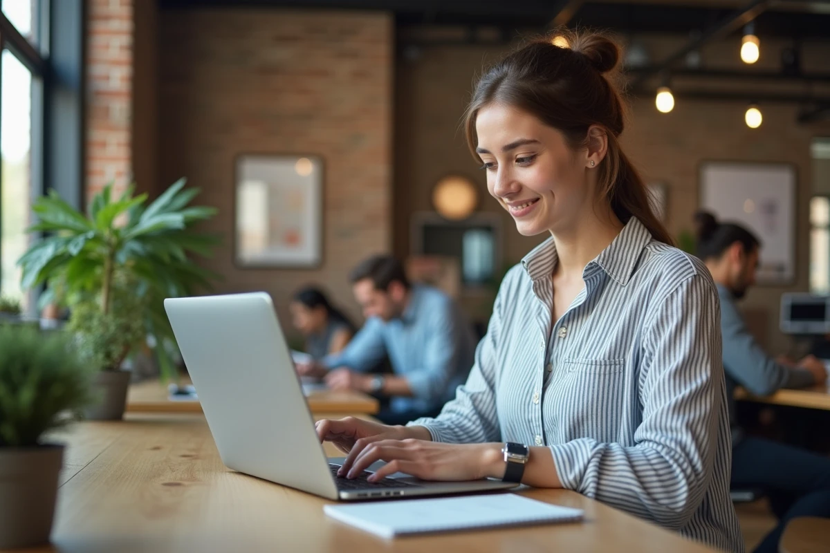 Jeune femme comparant les frais de transfert Western Union sur un ordinateur portable dans un espace de coworking