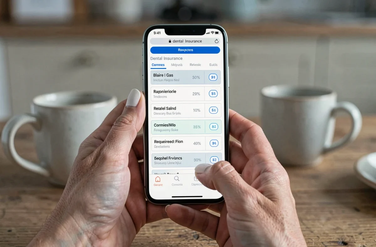 Mains tenant un smartphone affichant une comparaison de mutuelles dentaires en ligne