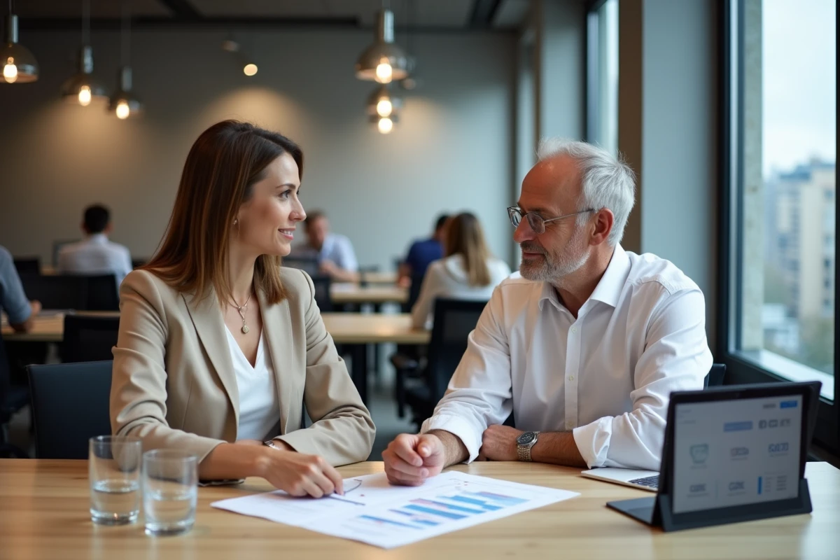 Deux professionnels comparant les taux d'un compte à terme Crédit Agricole pour optimiser la trésorerie d'entreprise