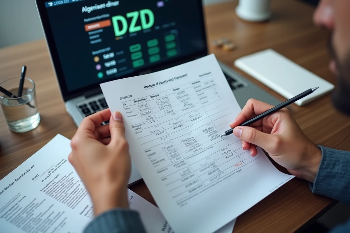 Mains comparant les taux du dinar algérien sur des documents avant un virement international
