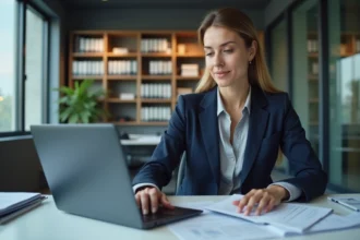 Comptable femme en cabinet d'expertise comptable analysant des documents financiers à son bureau en 2026