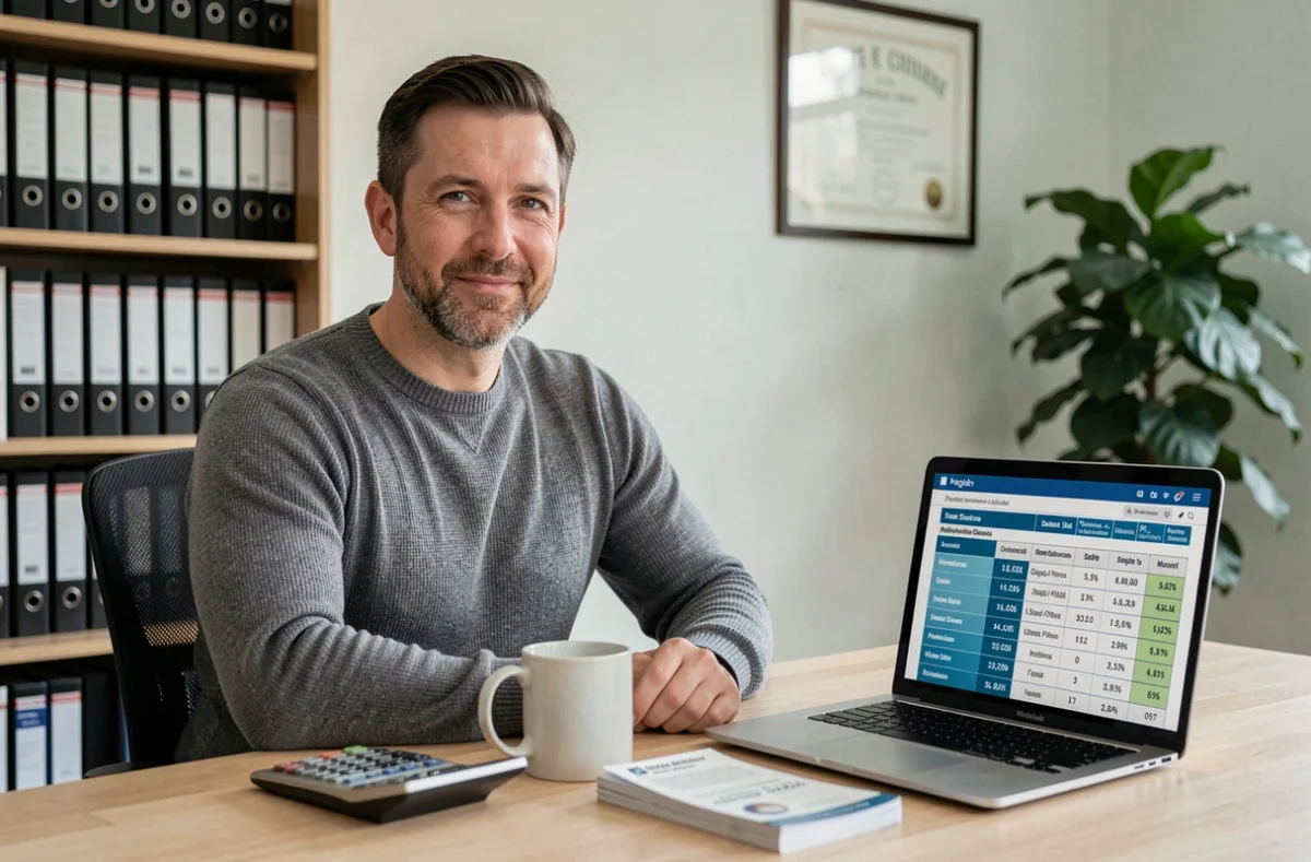 Comptable masculin comparant les tarifs de mutuelle entreprise par salarié sur ordinateur