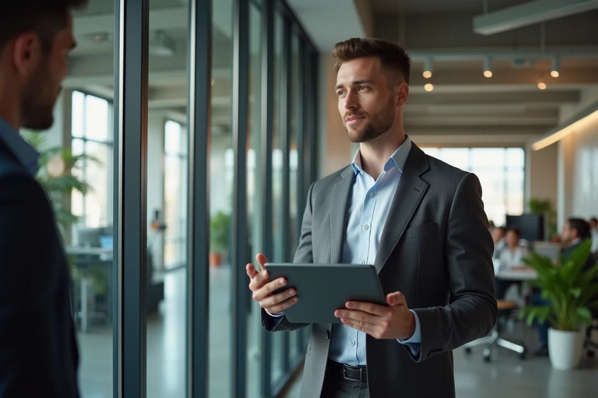 Directeur comptable en entreprise consultant un tableau de bord financier sur tablette dans un open space moderne