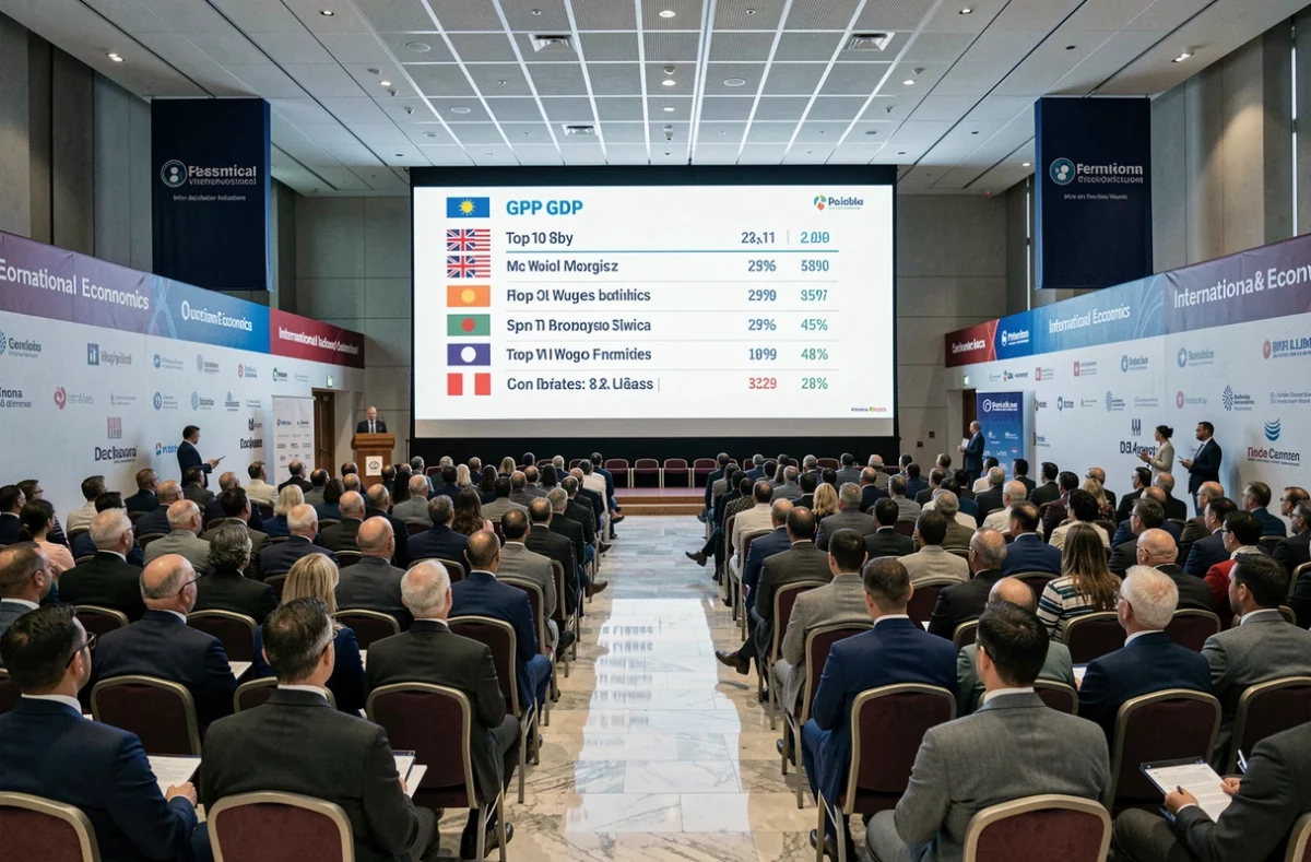 Salle de conférence internationale avec projection d'un classement des pays par PIB sur grand écran