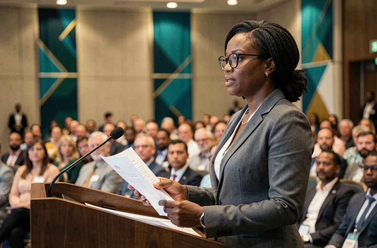 Femme conférencière africaine prenant la parole lors d'un événement ShiftThePower sur le pouvoir citoyen