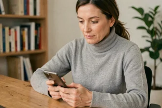 Femme de 40 ans connectée à son compte Carpimko sur smartphone depuis un bureau à domicile