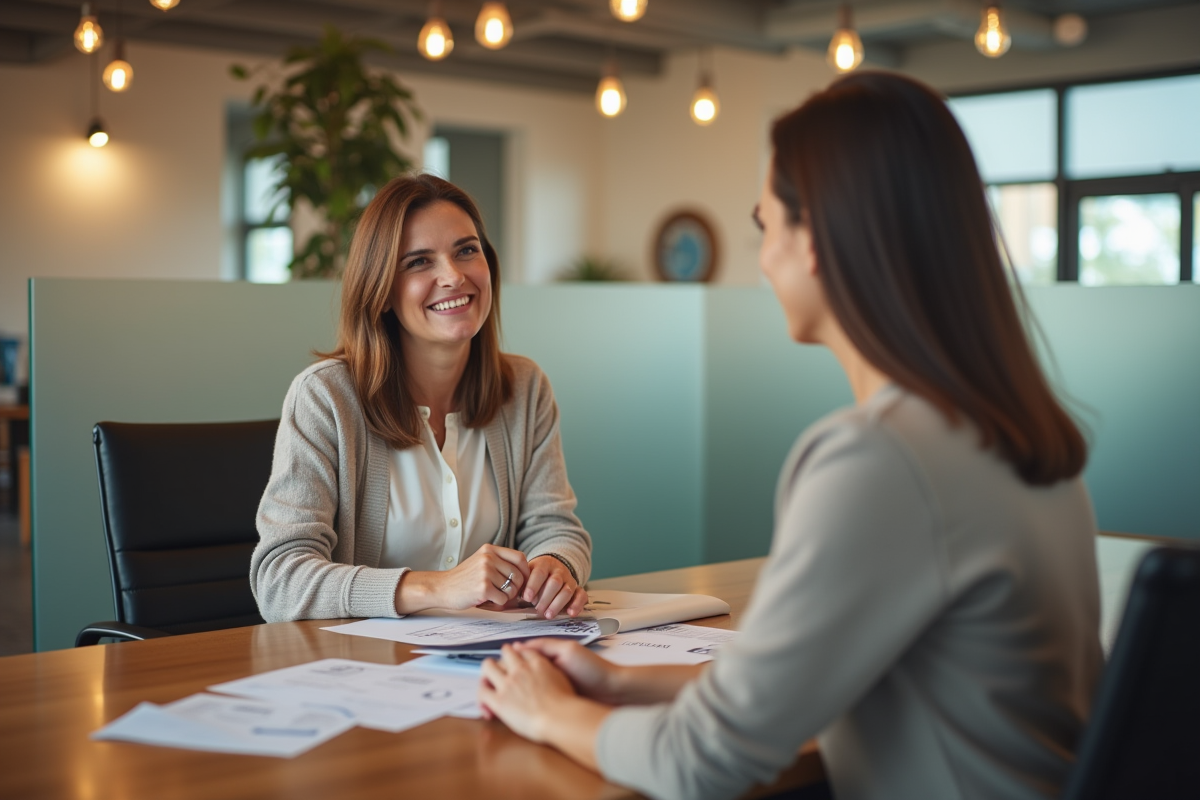 Femme discutant avec conseiller bancaire dans agence chaleureuse