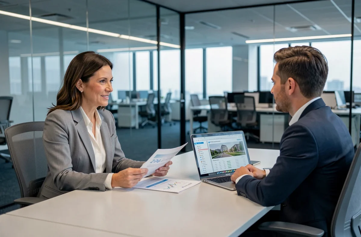 Femme discutant d'un investissement en SCPI avec un conseiller financier dans une salle de réunion professionnelle