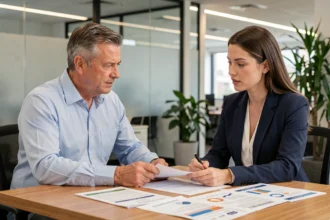 Un couple examine un contrat d'assurance emprunteur avec un conseiller Abeille Assurances dans un bureau moderne