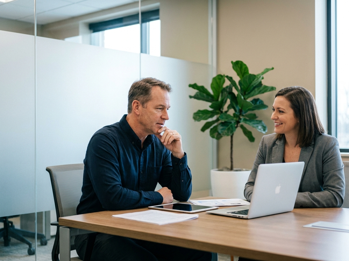 Homme en rendez-vous avec un conseiller en assurance obsèques dans un bureau professionnel moderne