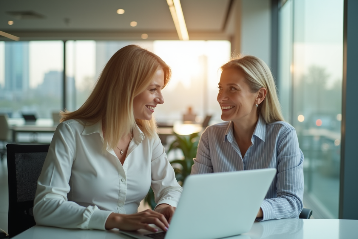 Conseiller bancaire parlant avec une femme dans une banque lumineuse
