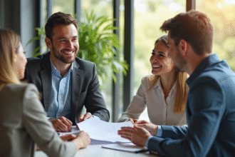 Conseiller financier souriant avec un couple dans un bureau lumineux