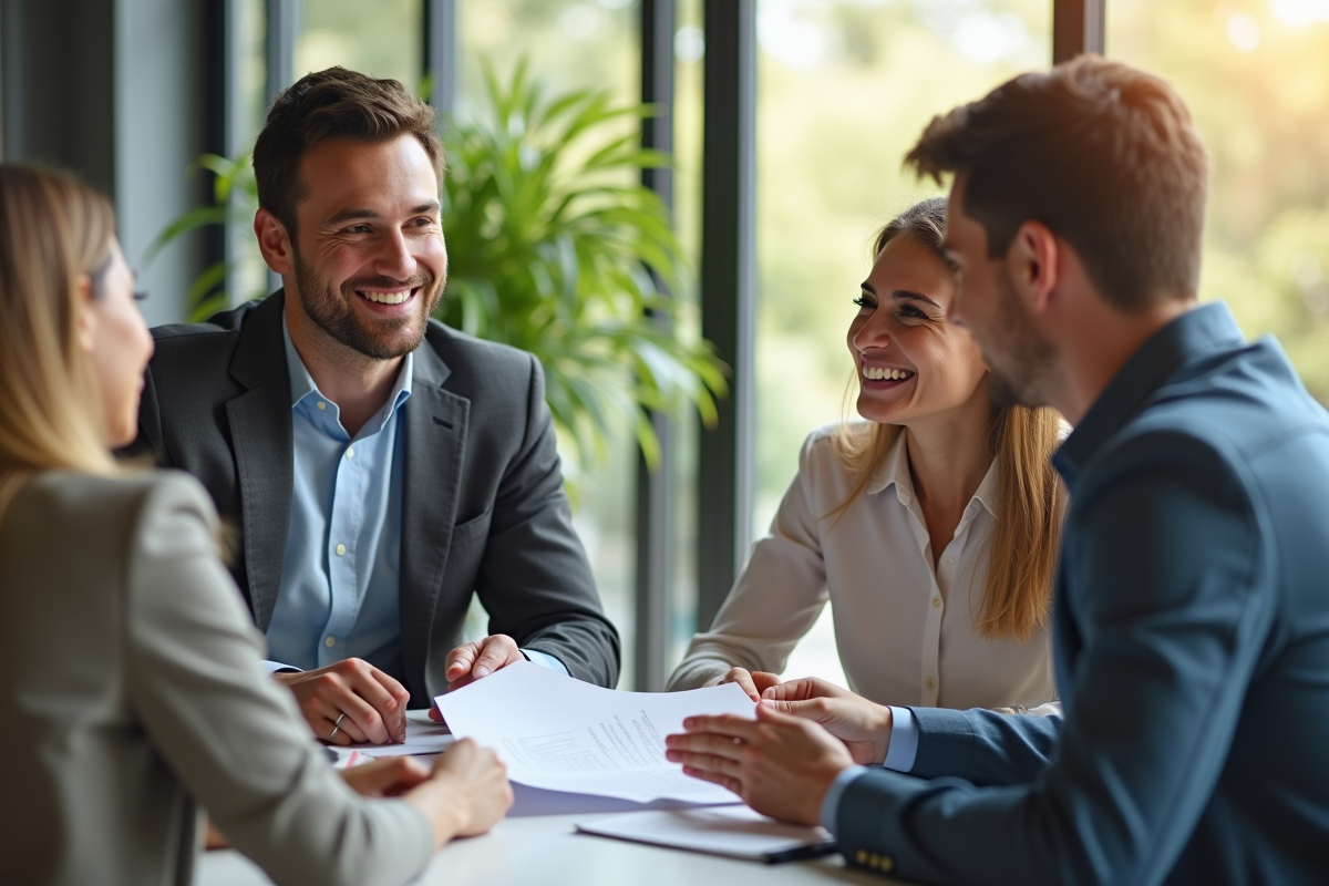 Conseiller financier souriant avec un couple dans un bureau lumineux