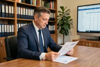 Conseiller financier analysant des documents de souscription SCPI en assurance-vie dans un bureau professionnel