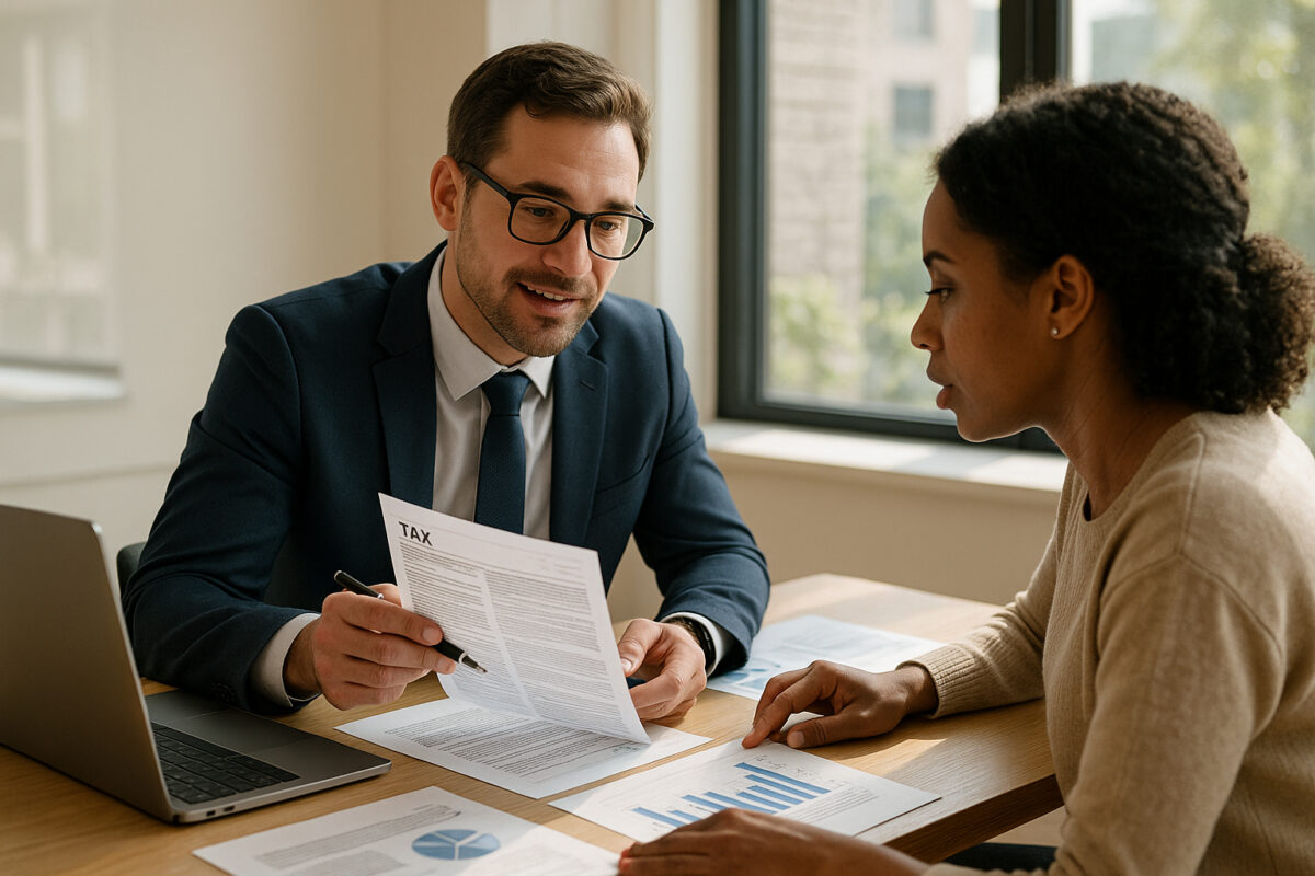 Conseiller financier et client discutant de documents fiscaux