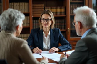 Conseillère notariale en consultation avec un couple de personnes âgées pour anticiper la dépendance et l'entrée en EHPAD
