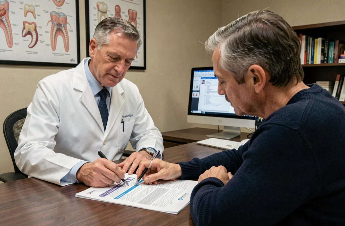 Dentiste et patient examinant un document de remboursement mutuelle dentaire lors d'une consultation