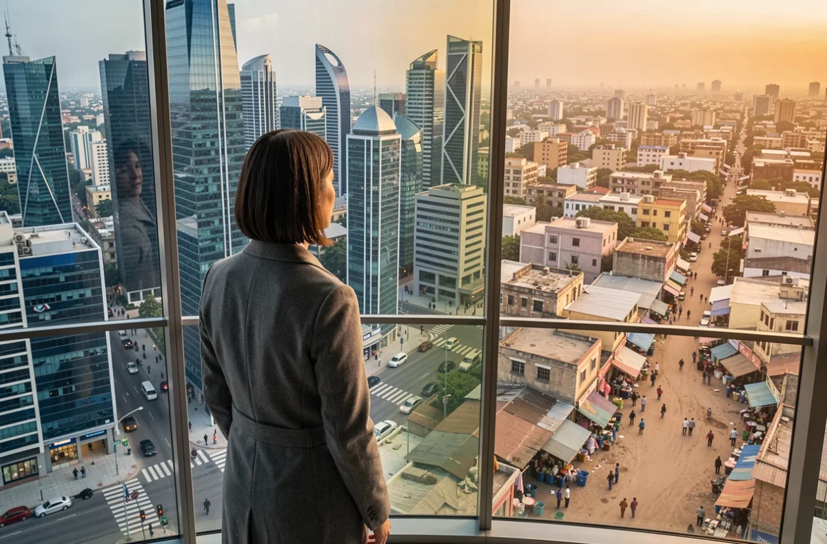 Femme observant deux paysages urbains contrastés symbolisant les écarts de PIB entre pays développés et émergents